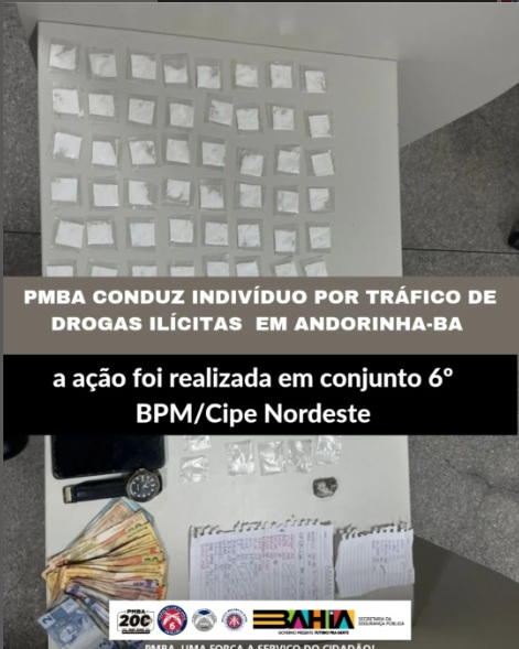 Polícia Militar da Bahia durante ação conjunta entre Cipe Nordeste e 6º batalhão conduz indivíduo por tráfico de drogas em Andorinha