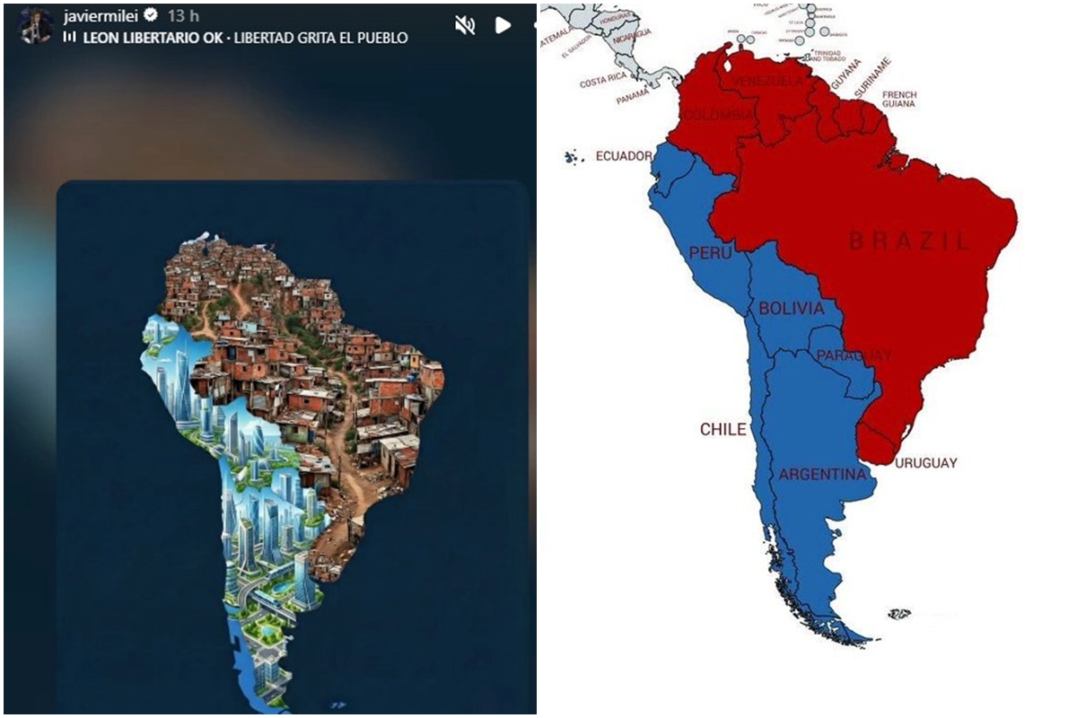 Mapas da América do Sul postados por Milei - Metrópoles