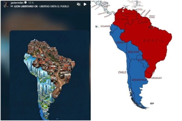 Mapas da América do Sul postados por Milei - Metrópoles