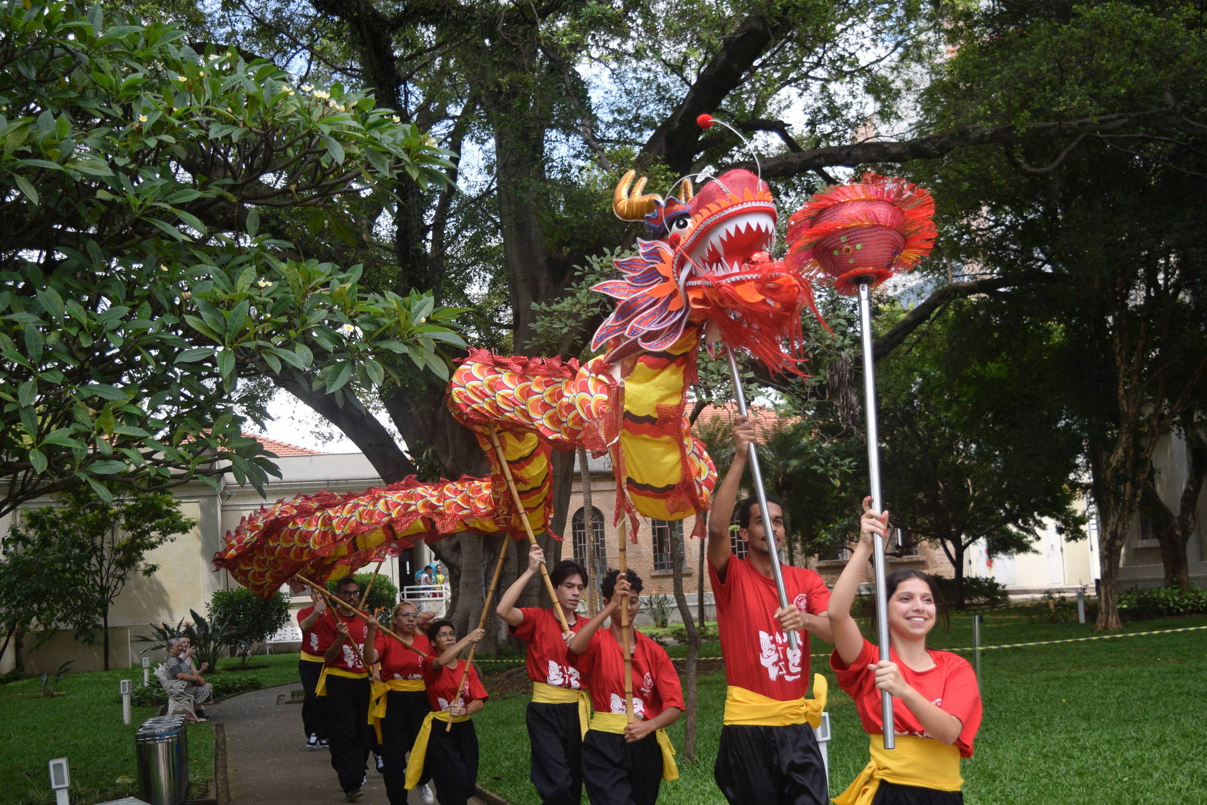 Nove pessoas vestindo camisetas vermelhas e faixas amarelas executam dança do dragão em caminho de parque com árvores e gramado. Dragão vermelho e amarelo é sustentado por varas, com uma participante segurando uma esfera vermelha na frente.